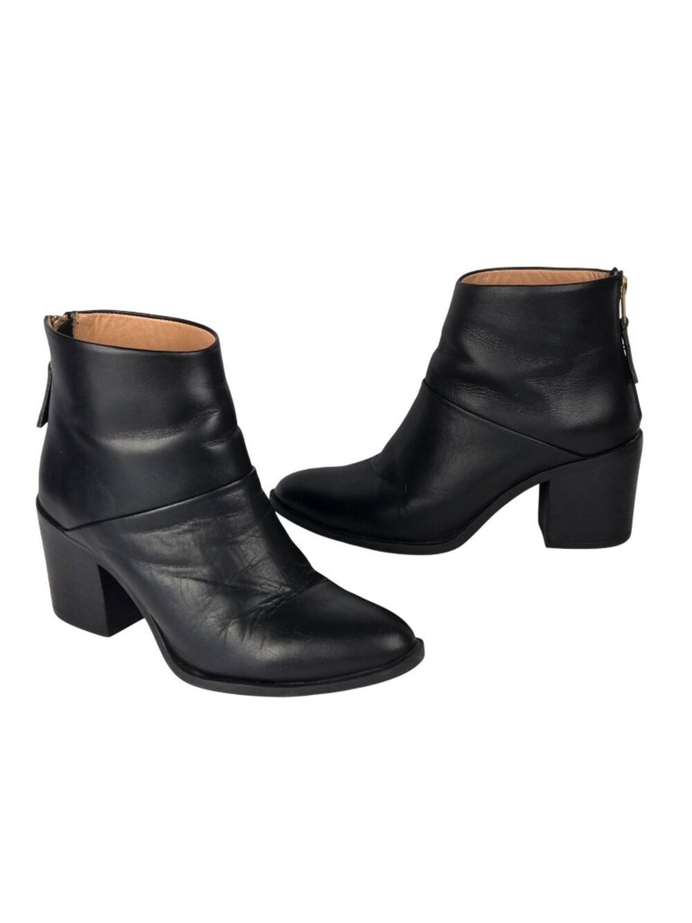 Nisolo Black Leather Ankle Boots W/ Block Heel & Back Zipper Sz 7